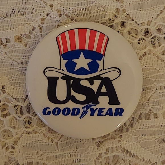 Vintage Goodyear USA Button Pin Uncle Sam's Hat Red White and Blue Patriotic - Picture 4 of 6